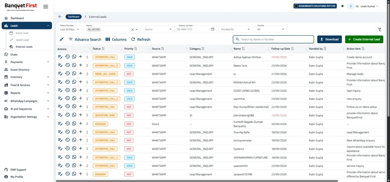 Banquet First External Leads screen — WhatsApp and direct enquiries in one list with status, priority, source, category, follow-up date, owner and next action for each lead
